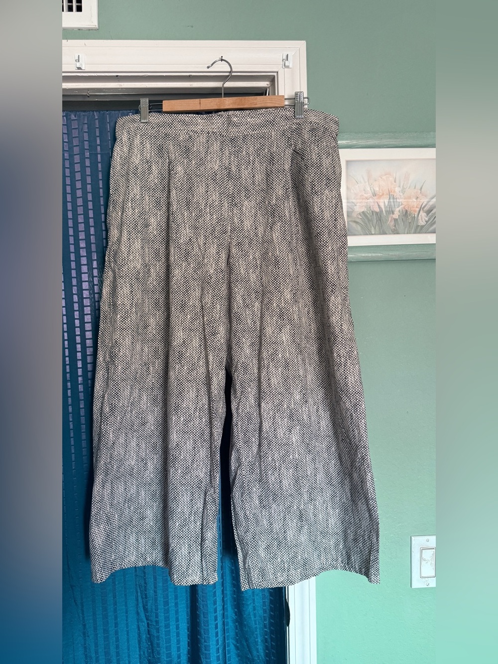 Eileen Fisher Black White Chainette Print Pull On Cropped Wide Leg Pants L